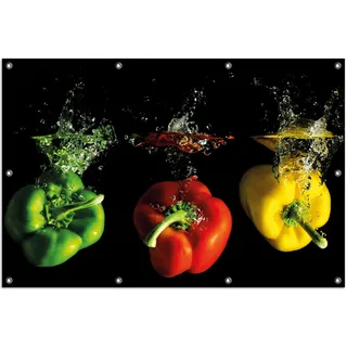 Wallario Outdoor-Poster für Garten oder Balkon, Motiv Bunte Küche Paprika in rot gelb orange und grün im Wasser, in ca. 100 x 150 cm - Schwarz