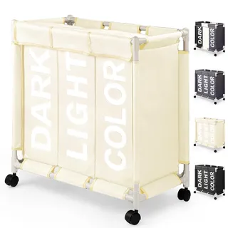 Rieeyrslza Wäschesortierer auf Rollen 90L Wäschekörbe 3 Fächer Wäschekorb aus Oxford-Stoff Mit Deckel Abnehmbarer Wäschekorb Mit Rädern Effiziente Sortierung und Lagerung (Beige o2)