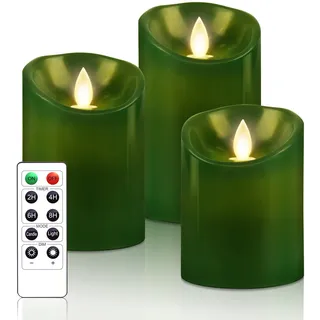PinnWaa LED Kerzen [3 Stück] Flammenlose Kerzenhalter, 10-Tasten Fernbedienung Timer Dekorations, Flammenlose Kerzen mit Realistisch Flackernde LED Stabkerzen Batteriekerzen - Grün