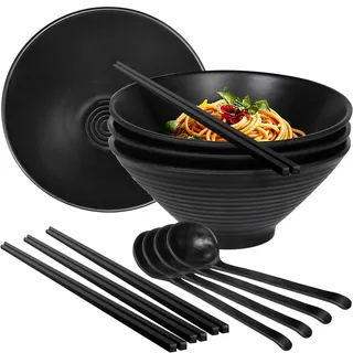 Greentainer Ramen Schüssel aus melamin-4 pcs Japanisches Geschirr Set |1600ml Suppenschüsseln |Noodle Bowl mit Essstäbchen und Löffel für Salat,Große Schüssel für Kinder & Erwachene|Schwarz