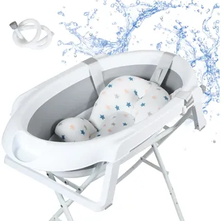 Yakimz Babybadewanne mit Gestell 85cm - Baby Badewanne Faltbar mit Badekissen - Babywanne mit Ständer Sicher für Ihr Baby - Babybadewanne Neugeborene - Grau