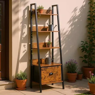 FurnitureR Garten-Beistelltisch Leiterregal 42x29x141 cm, 5 Ebenen, Stoffschublade, 12 mm Holzplatten & 20 mm Metallrahmen, 7,5 cm Rückwand, Outdoor & Balkon Deko-Regal