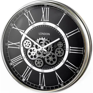 Wanduhr London 54 cm Metall mit sichtbar drehenden Zahnrädern Steampunk - Schwarz