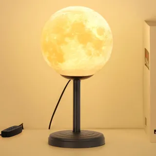 Lewondr 3D Mond Tischlampe, Dimmbar LED Lampe mit 3 Lichtmodi, 10 Lichthelligkeiten Einstellbar, Modern USB-betrieben Nachttischlampe Tischdeko für Schlafzimmer Wohnzimmer Schreibtisch Nachttisch