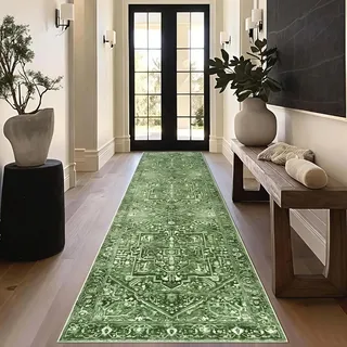 Homcomodar Teppich Läufer Flur 80x300cm Vintage Läufer Küchenteppich Waschbar Teppich Flur rutschfest Kurzflor Teppichläufer für Küche Eingang Schlafzimmer Wohnzimmer(Grün)