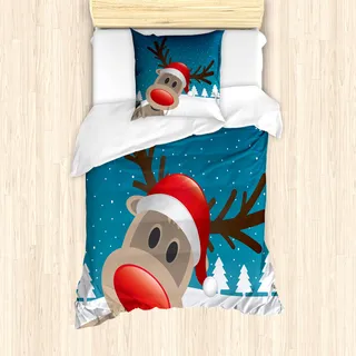 ABAKUHAUS Weihnachten Bettbezug Set für Einzelbetten, Rudolph das Rentier, Milbensicher Allergiker geeignet mit Kissenbezug, Weiß Braun Rot Himmelblau - Weiß