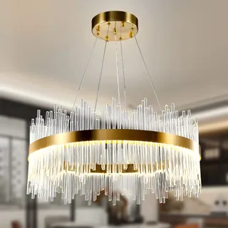 AOOCHOK Modern Kristall Pendelleuchte Gold Kronleuchter, Kristall Lampe Rund Hängeleuchte, Häengelampe für Wohnzimmer, Esszimmer,Schlafzimmer, Restaurant,Φ60cm