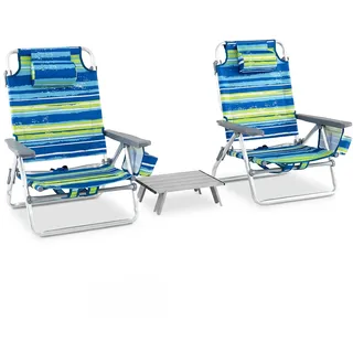 COSTWAY 2er Set Strandstühle mit Tisch, klappbare Campingstühle mit Verstellbarer Rückenlehne, Kopfstütze, 2 Getränkhalter, Aufbewahrungstasche & Schultergurten, Klappstühle leicht