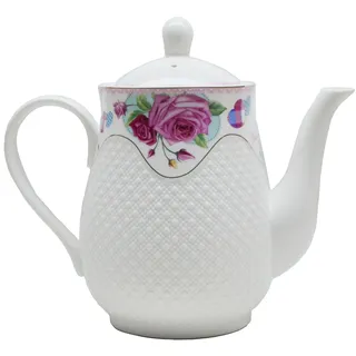 Teekanne aus Porzellan im europäischen Stil, Weiß mit Blumen und erhabenem Punkt-Design, für Kaffee, Tee, Wasser, Vintage-Keramik-Kanne (Teekanne, 1,5 l)