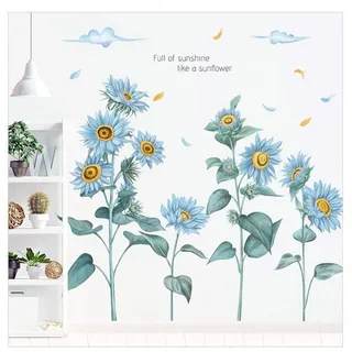 WandSticker4U®- Wandtattoo Blumen blau SONNENBLUMEN (96x76 cm) I Vintage Wandsticker Blumen groß Pflanzen Blätter Frühling I Wanddeko Wohnzimmer Schlafzimmer Kinderzimmer Badezimmer Küche Flur XXL