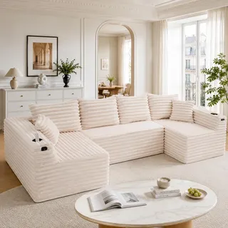 Cord-Sofa U-Form Wohnlandschaft mit Federkern U-f?rmiges Sofa mit Getr?nkehalter Seitentaschen Modulsofa Polstersofa Couch gro? 4-Sitzer Wohnzimmersofa Grau - Beige