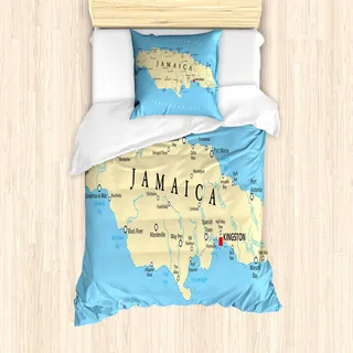ABAKUHAUS jamaikanisch Mantele, Karibische Meer Tropic, Milbensicher Allergiker geeignet mit Kissenbezügen, 135 cm x 200 cm - 80 x 80 cm, Blassblau Beige Schwarz - Schwarz