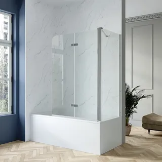 Badewannenaufsatz mit Seitenwand Glas 100 x 75 x 140 cm Eck Duschtrennwand Badewanne Duschkabine Doppel Faltbar Duschabtrennung Duschwand Dusche Badewannenfaltwand 5 mm Echtglas klar NANO-Beschichtung