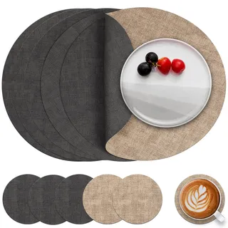 Myir JUN Tischsets Abwaschbar Leder und Untersetzer, Doppelseitigen Platzset Rund Ø 36cm 6er Set rutschfest Glasuntersetzer Platzdeckchen Leder Kunstleder Tischset (Grau Beige, 6er Set)