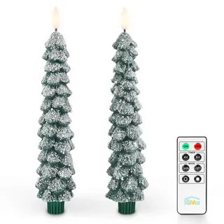 Fanna 2 Grüne Led Stabkerzen Echtwachs Christbaum-optik mit Fernbedienung für Winter, Flammenlose Dekorative Spitzkerzen mit Timer für Heim Dekorationen - H 25cm