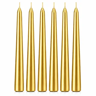 Caelura 6 Stück Stabkerzen Gold, 2,1 cm x 20 cm, Spitzkerzen, Tafelkerzen | Goldene Kerzen, Lange Kerzen, ca. 5 Std. Brenndauer, Perlmuttglanz, Unparfümiert, Raucharm, für Hochzeit und Festtafel