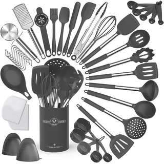 Terlulu Küchenhelfer Set, 34-teiliges Silikon Kochutensilien Kochbesteck Set, Hitzebeständiger Kochgeschirr mit Utensilienhalter, Antihaft Kochset Küchenutensilien mit Edelstahlgriff
