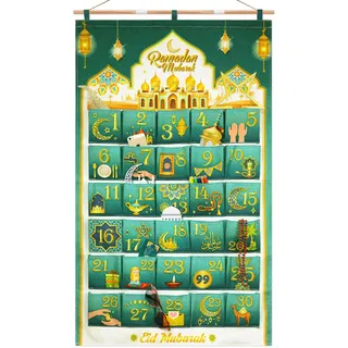 DPKOW 30 Ramadan Kalender zum Befüllen Stoff, Ramadan Adventskalender zum Aufhängen Wand Tür, DIY Ramadan Kalender Selber Basteln, Ramadankalender Säckchen Wiederverwendbar, Grün Gold