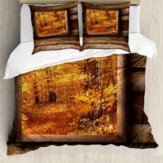 ABAKUHAUS Fallen Bettbezug, Blick vom Landhaus, Milbensicher Allergiker geeignet mit Kissenbezügen, 200 cm x 200 cm - 80 x 80 cm, Orange Braun