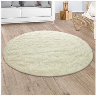 Paco Home - Hochflor Teppich Wohnzimmer Fellteppich Kunstfell Weich Rutschfest Gelblich-Weiß ø 120 cm Rund