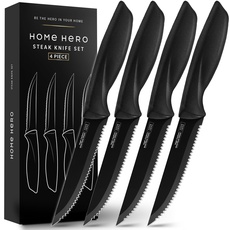 Home Hero Messerset mit Messerschärfer - Scharfe Küchenmesser Set - Messerblock Kochmesser Set Edelstahl Messer Set (4-tlg Steakmesser - Schwarz)