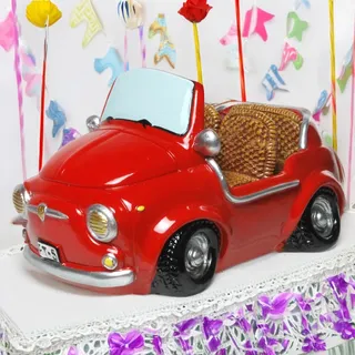 Kremers Schatzkiste Spardose Mini Auto 16cm Sparschwein Sparbüchse Führerschein Sparkasse rot Polyresin Handbemalt Comic Style mit Propfen Cabrio Flitzer Geburtstag