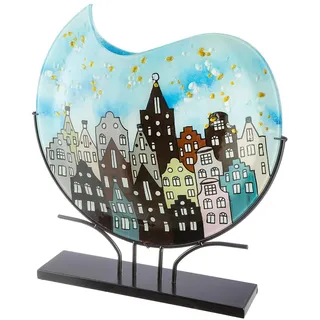 Glas Art Vase Stadtlichter - grau, hellblau, schwarz - Glas - Höhe 51cm - handbemalt - Tischvase