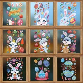 Fensterbilder Ostern Frühling Fenstersticker 9 Blatt 194 Stück Osterdeko Fenster Aufkleber Wiederverwendbar Osterfenster Bilder Dekoration Aufkleber Hase Osterei Blume Aufkleber für Haus Büro Schule