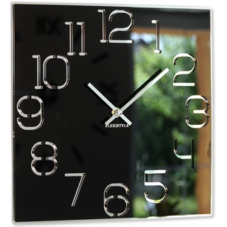 FLEXISTYLE Wanduhr quadratisch Digit 30 cm Durchmesser, ohne tickgeräusche modern, Design Acrylglas und Acrylspiegel, Wohnzimmer, Schlafzimmer (Schwarz)