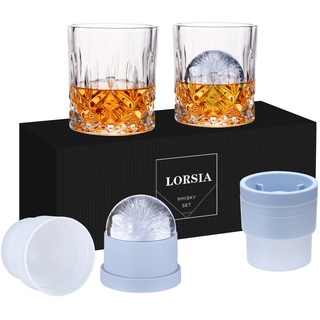 Whisky Gläser, 4er Set (2 Kristallgläser, 2 große Eiskugelformen) in Geschenkbox – 300 ml Whiskey für Scotch, Cocktail, Rum, Bourbon, Cognac, Wodka und Likör – Einzigartige Geschenke für Männer