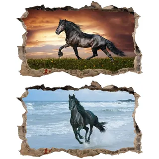 2Pcs Pferd Horse Schwarz Wandtattoo 3D Effekt XXL Wanddurchbruch Fenster Wandaufkleber für Junge Mädchen Kinderzimmer 1000 mm breit x 600 mm tief