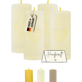 Wachsmann Adventskerzen 4er-Set, 100% Bienenwachs, handgerollt, Made in Germany, weiß mit Herz, Bienenwachskerzen mit je 6 Stunden Brenndauer, Stumpenkerze für Weihnachten (4 x 10 cm)