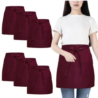 FunChaos 6 Stücke Taillenschürze, Kellnerschürze mit 3 Taschen, Wasserdichte Halbe Schürze für Männer und Frauen, Kochschürze zum Kochen, Reinigen, Malen, Gärtnern, Bistro, Restaurant (Wein)