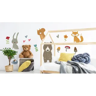 Muralo Wandsticker Mrchenhafte Waldtiere mit Blumen 75 x 150 cm Wandtattoo Wanddeko Aufkleber Set Kinderzimmer XXL - Rot, Blau, Grün, Schwarz, Weiß, Rosa, Beige, Braun, Orange, Grau, Bunt