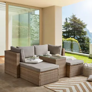 Ambia Garden Loungegarnitur , Braun , Kunststoff, Glas, Textil , eckig , Gartenmöbel, Loungemöbel, Loungegarnituren