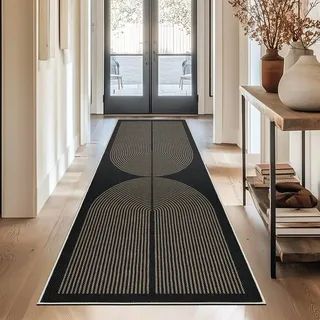 Capslpad Teppich Läufer Flur 80x200cm Jute Aussehen KüchenTeppich Natürlich Waschbar Teppich Schwarz Braun rutschfest Küchenläufer Korridor läufer Flur Küche,Schlafzimmer, Balkon