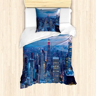 ABAKUHAUS New York Mantele, Sonnenuntergang in NYC Foto, Milbensicher Allergiker geeignet mit Kissenbezügen, 135 cm x 200 cm - 80 x 80 cm, Blau - Blau