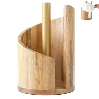 KINDLUME Kompakter Küchenrollenhalter Holz Stehend, 15cm Kleiner Papierrollenhalter Gold-Optik für Standardrollen, Platzsparender Hölzern Handtuchrollenhalter für Tischplatte, Kleine Küche