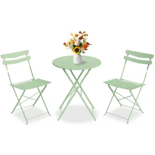 Bistroset 3-Teilig Mit Bistrotisch&2 Klappbaren Stühlen, Gartenmöbel Set | Outdoor Bistro Set, Gartentisch/Balkonset Aus Klapptisch&2x Klappstühlen, Gartenset/Sitzgruppe Metall Für Balkon, Garten-Grün