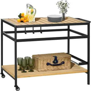 Servierwagen, Barbecue Trolley Mit 2 Regalen, Küchenwagen Mit Haken, Outdoor Multifunktionstisch Mit Rollen, Natur, 107 X 65 X 80Cm