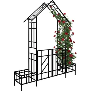 Relaxdays Rosenbogen mit Tor, 2 Pflanzeinfassungen, Vorgarten & Garten, Torbogen HBT: 247 x 204 x 43 cm, Metall, schwarz