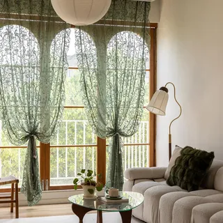 TUDECO Grüne durchsichtige Vorhänge für Wohnzimmer, Shabby-Chic-Spitze, Blumenmuster, Rüschenvorhänge, elegant, gestrickt, Privatsphäre, Stangentasche, Smaragdgrün, Frühling/Sommer, 1 Paar, 140 x 274