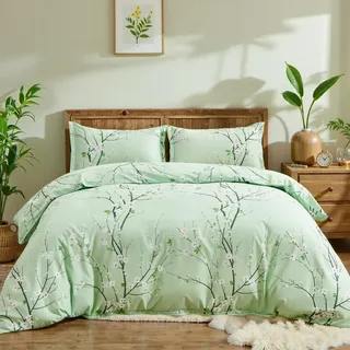 Freyamy Blumen Bettwäsche 135x200cm 2teilig Grün Salbeigrün Pflaumenblüten Zweig Bettwaren-Sets 100% Microfaser Weiche Bettwäsche Mädchen Bettbezug mit Reißverschluss und Kissenbezug 80x80cm