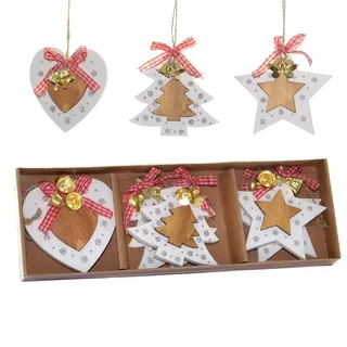 SHATCHI Weihnachtsbaumschmuck aus Holz, ästhetische Hängedekorationen, Set mit 6 Stück mit Bändern und Glocken, Xmas DIY Urlaub Home Decor – 2 Stern, 2 Herzen, 2 Baumformen Teile (8 cm)