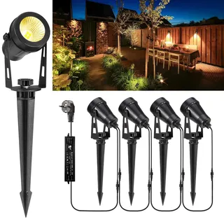 Greenclick Gartenbeleuchtung LED, 15m 4er Gartenstrahler mit Strom Erdspieß, 12V 3W 1200lm Gartenleuchte, IP65 Wasserdicht Warmweiß Gartenlampe für Außen Garten Rasen Weg Teich Yard Zaun