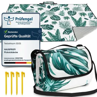 HAUSPROFI Picknickdecke 200x300 cm, wasserdicht & isoliert - XXL Outdoor Decke für Picknick, Strand, Camping, mit Baumwolle gepolstert, inkl. Tragegriff & Heringe, Tragbar, Waschbar & formstabil