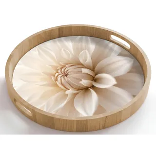 OnlyWow© Serviertablett Servierplatte Eichenholz Servier Tablett Mit Henkel | 50x50 cm - Rund - Serving Tray Kratzfest Kaffeetablett Teetablett Blume - Dahlie - Weiß