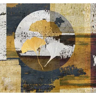 Queence "Aluminium Bild Goldeffekt Abstrakte Collage Ginkgo", Abstrakt Blumenbilder Formen Alu Dibond, mit gebürsteter Struktur für einen edlen Metall Effekt, farbe bild(er): gold,blau,we),