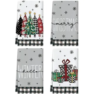 Sungeek 4er Set Weihnachten Geschirrtücher 45x65cm, Weihnachtsdeko Küchentücher Christmas Handtücher Weiche Mikrofasertücher für Badezimmer Küche Dekoration Trockentücher (Kariert Weihnachtsbaum Grau)