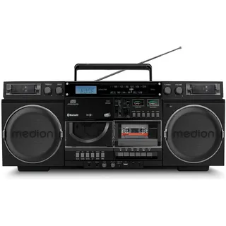 Medion P66538 Kassettenrecorder (Retro Ghettoblaster mit CD-Player, 80er, groß, USB, SD, CD, Kassetten MC, DAB+ Radio Bluetooth, Kassettendeck, Aufnahmefunktion, Batteriebetrieben) schwarz - Schwarz